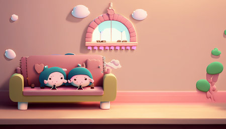 Cute baby boy and girl on sofa in pinkの素材