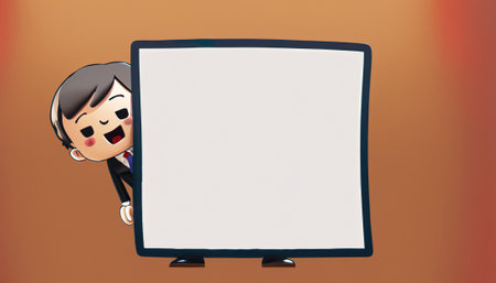 Businessman with a blank whiteboard on orange background.の素材