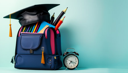 Back to school concept. Backpack with stationery and alarm clock on blue backgroundの素材