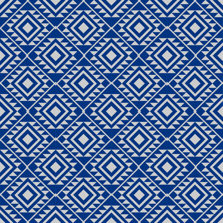 Seamless pattern with tribal motifs in blue and white colors