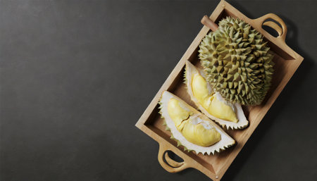 Fresh durian fruit in wooden tray on black background. Durian is king of fruits.の素材