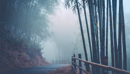Bamboo forest with fog in the morningの素材