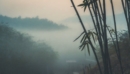 Bamboo forest in foggy morning. Nature background. Bamboo forest in foggy morning.の素材