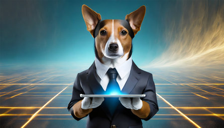 businessman with tablet computer and dog on the background of futuristic technologyの素材
