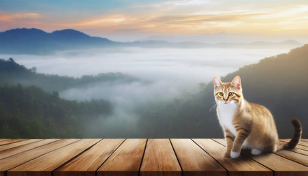 Cute cat sitting on wooden floor with foggy mountain background at sunriseの素材