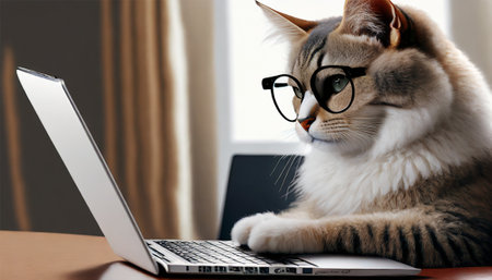 Cute cat with eyeglasses and laptop on table at homeの素材