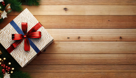 Christmas gift box on wooden background. Top view with copy space.の素材