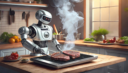 Robot cooking steak on grill in kitchen.の素材