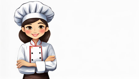 Illustration of a female chef on a white background with space for textの素材