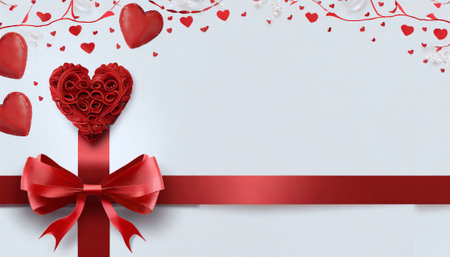 Valentine's day background with red hearts and ribbon on white backgroundの素材