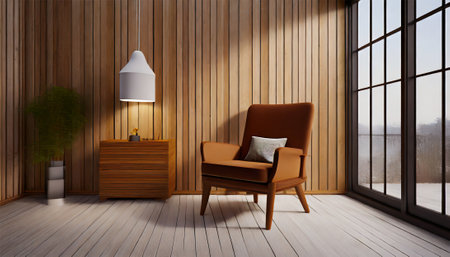 Interior of modern living room with brown armchair and wooden wallの素材