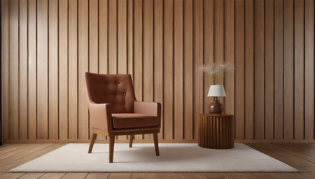 interior with brown armchair and wooden wall - 3d renderingの素材