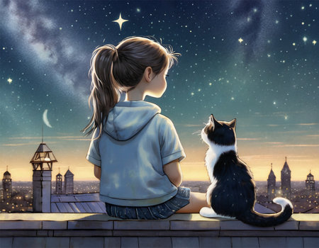 Little girl and cat sitting on the roof of the house against night skyの素材