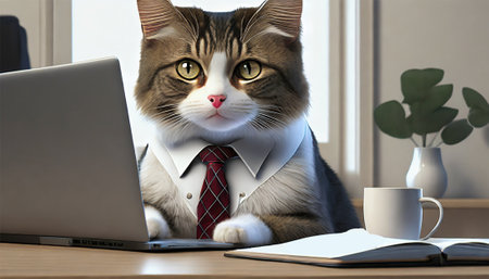 Cute cat in business suit and tie working on laptop at workplaceの素材