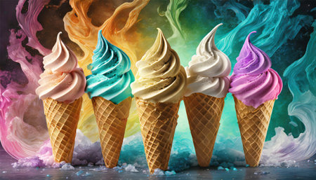 Colorful ice creams in waffle cones on grunge backgroundの素材