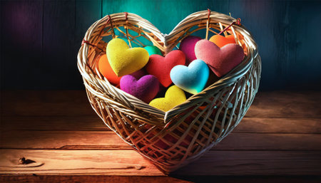 Colorful hearts in a basket on a wooden background. Valentine's Day.の素材