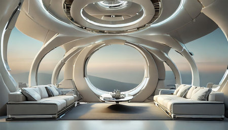 Modern interior of a living room with a view of the sea, 3d renderの素材