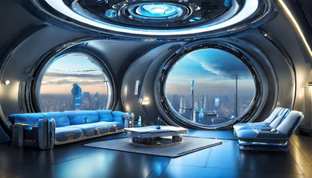 Spaceship interior with blue sofa and city view 3D renderingの素材