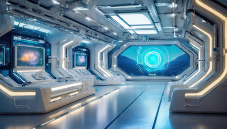 Futuristic spaceship interior with view on mountains and blue sky.の素材