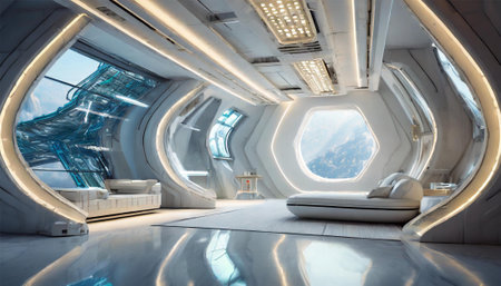 3D rendering of a futuristic spaceship interior with panoramic viewの素材