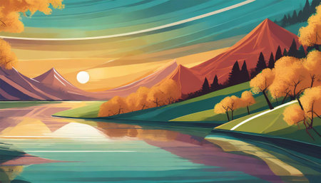 Autumn landscape with lake and mountains. Vector illustration in a flat styleの素材