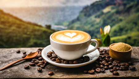 Coffee cup and coffee beans on wooden table with nature backgroundの素材