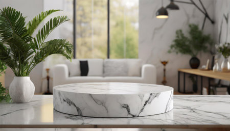 White marble table in modern living room interior. Mockup for designの素材