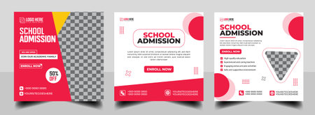 School admission social media post banner design. back to school social media post banner design set with Purple color. Back to school admission promotion banner. school admission template for social media ad.のイラスト素材
