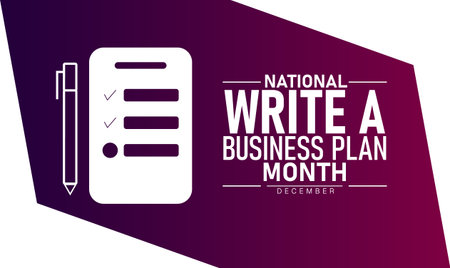 National Write a Business Plan Month Poster Banner and Background Abstract Design Template Featuring Documents Charts and Laptop Illustration for Entrepreneurship Startup Education and Financial Planning Awareness Campaignのイラスト素材