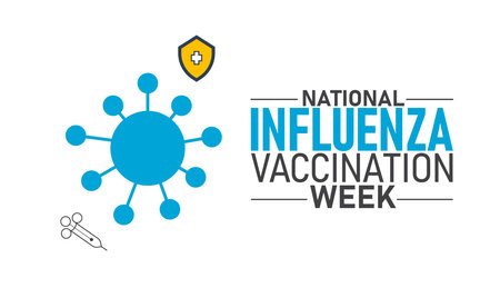 National Influenza Vaccination Week Poster Banner and Background Abstract Design Template with Syringe Virus and Shield Illustration for Health Awareness Flu Prevention and Immunization Campaignのイラスト素材