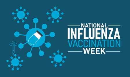National Influenza Vaccination Week Poster Banner and Background Abstract Design Template with Syringe Virus and Shield Illustration for Health Awareness Flu Prevention and Immunization Campaignのイラスト素材