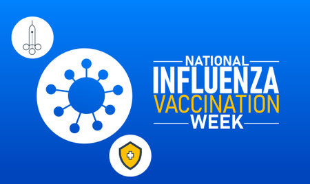 National Influenza Vaccination Week Poster Banner and Background Abstract Design Template with Syringe Virus and Shield Illustration for Health Awareness Flu Prevention and Immunization Campaignのイラスト素材
