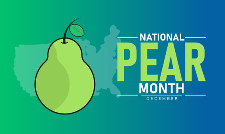 National Pear Month Poster Banner and Background Abstract Design Template Featuring Fresh Green Pear Fruits and Leaves Illustration for Healthy Eating Nutrition Awareness and Seasonal Food Celebration Campaignのイラスト素材