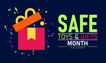 Safe Toys and Gifts Month Poster Banner and Background Abstract Design Template Featuring Colorful Toys Gift Boxes and Ribbon Illustration for Child Safety Awareness Holiday Giving and Family Protection Campaignのイラスト素材