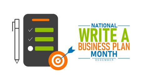 National Write a Business Plan Month Poster Banner and Background Abstract Design Template Featuring Documents Charts and Laptop Illustration for Entrepreneurship Startup Education and Financial Planning Awareness Campaignのイラスト素材