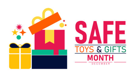 Safe Toys and Gifts Month Poster Banner and Background Abstract Design Template Featuring Colorful Toys Gift Boxes and Ribbon Illustration for Child Safety Awareness Holiday Giving and Family Protection Campaignのイラスト素材