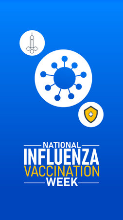 National Influenza Vaccination Week Poster Banner and Background Abstract Design Template with Syringe Virus and Shield Illustration for mobile responsiveのイラスト素材
