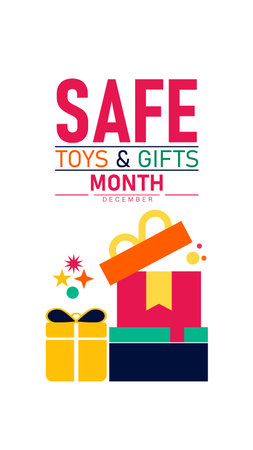 Safe Toys and Gifts Month Poster Banner and Background Abstract Design Template Featuring Colorful Toys Gift Boxes and Ribbon Illustration design for mobile responsiveのイラスト素材