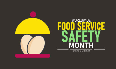 Worldwide Food Service Safety Month Poster Banner and Background Abstract Design Template Featuring Chef Hat Utensils and Shield Icon Illustration for Restaurant Hygiene Health Awareness and Kitchen Safety Campaignのイラスト素材