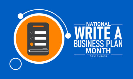 National Write a Business Plan Month Poster Banner and Background Abstract Design Template Featuring Documents Charts and Laptop Illustration for Entrepreneurship Startup Education and Financial Planning Awareness Campaignのイラスト素材