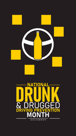 National Drunk and Drugged Driving Prevention Month Poster Banner and Background Abstract Design Template Featuring Car Steering Wheel and Warning Sign Illustration design for mobile responsiveのイラスト素材
