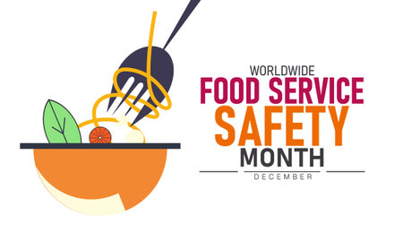 Worldwide Food Service Safety Month Poster Banner and Background Abstract Design Template Featuring Chef Hat Utensils and Shield Icon Illustration for Restaurant Hygiene Health Awareness and Kitchen Safety Campaignのイラスト素材