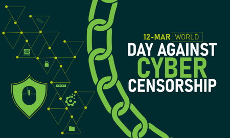 World Day Against Cyber Censorship, March 12 Vector, Chained Mouse Lock Internet, Blue Ribbon...