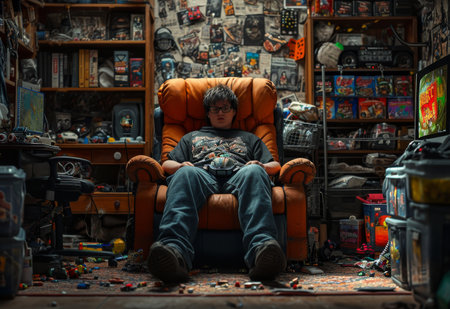 Man Sitting in Chair Surrounded by Toysの素材