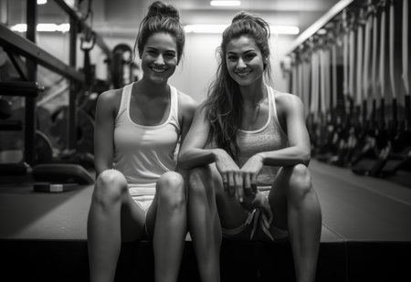 Two Women Sitting on Gym Benchの素材