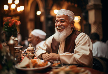 Man Sitting at Table With Foodの素材