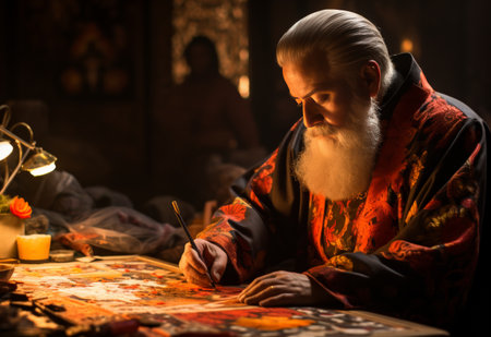 Man With Long White Beard Sitting at Tableの素材