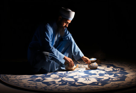 Man Sitting on Floor With Food Bowlの素材