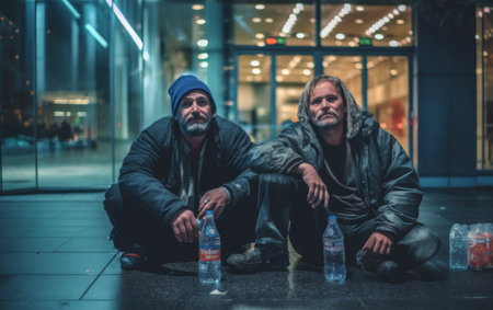 Two Men Sitting on Ground With Bottles of Waterの素材