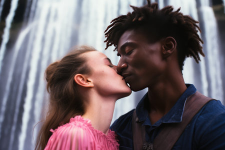Man and Woman Kissing by Waterfallの素材